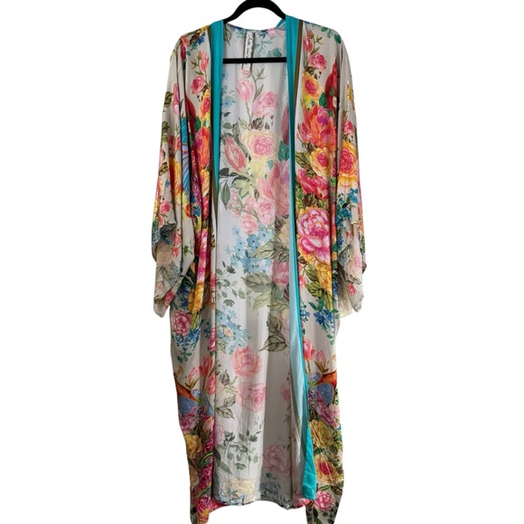 NWT Aratta EARTH ANGELS PEACOCK FLORAL PRINT MAXI KIMONO O/S - Picture 2 of 5